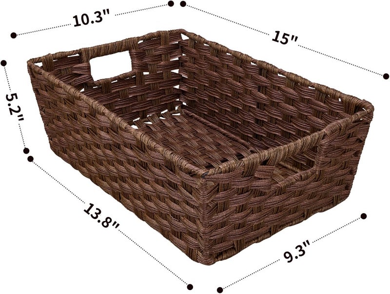 onlytak Large Wicker Storage Basket, Metal Frame, Set of 2, Washable Waterproof, 15" x 10.3" x 5.2", Brown Color, Woven Basket for Pantry, Toilet, Bathroom, Bedroom, Patio - Image 2